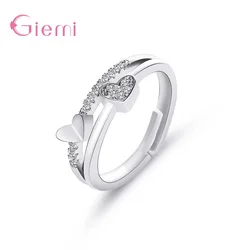 New Creative Two Hearts Zircon 925 Silver Needle Temperament Rings For Women Anel Jewelry Anillos Christmas Jewellery Gifts