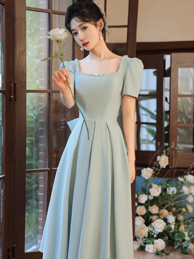 Vintage Square Collar A-Line Prom Dress Sexy Backless Big Bowknot Tea-Length Party Gown Women Summer Homecoming Dress