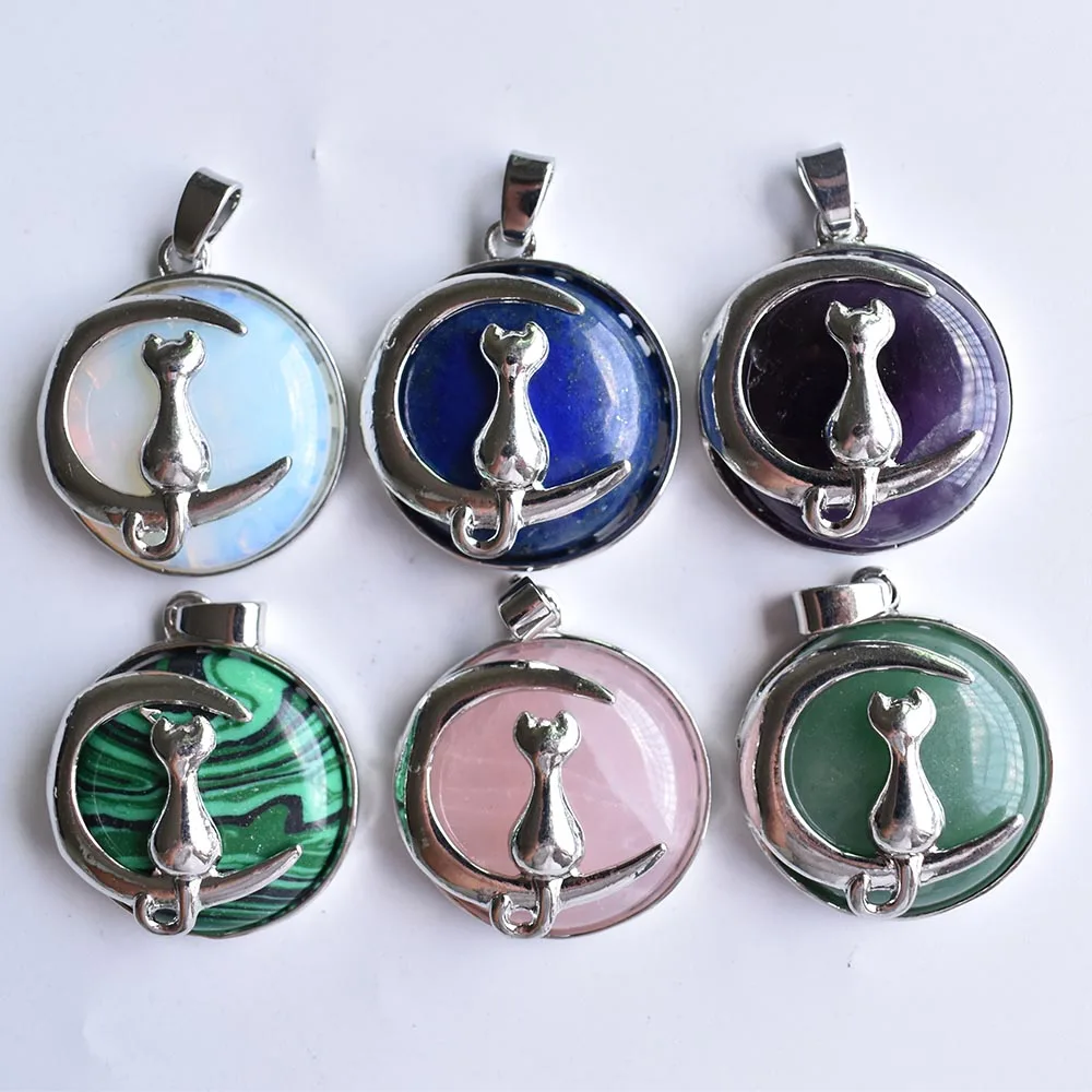 New Fashion Cat Moon Pendant for Necklace Round Natural Stone Cute Kitten Lucky Jewelry Fit Women Necklaces Gift Wholesale12pcs