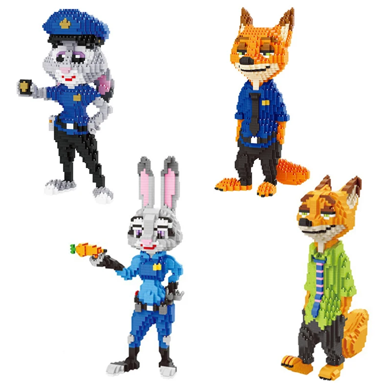 1250pcs+ Zootopia Building Blocks Cartoon Officer Rabbit Judy Hopps Nick Fox Figures Disney Micro Bricks Toys For Children