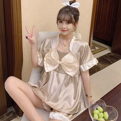 Distinctive Summer Pajamas Set Lingerie Sexy Cute Silk Satin Sleepwear Pyjama Pijamas Pizama Lounge Sleep Shirt Korea Night Suit