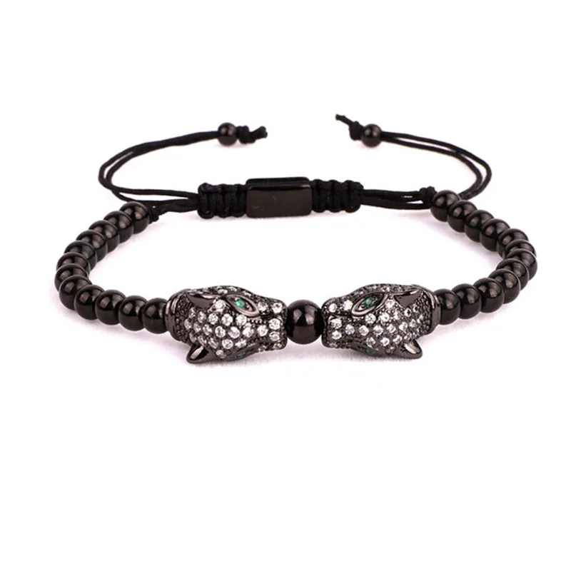 High Quality CZ Micro Pave Leopard Charm Stainless Steel Beads Adjustable Bracelet Men Women