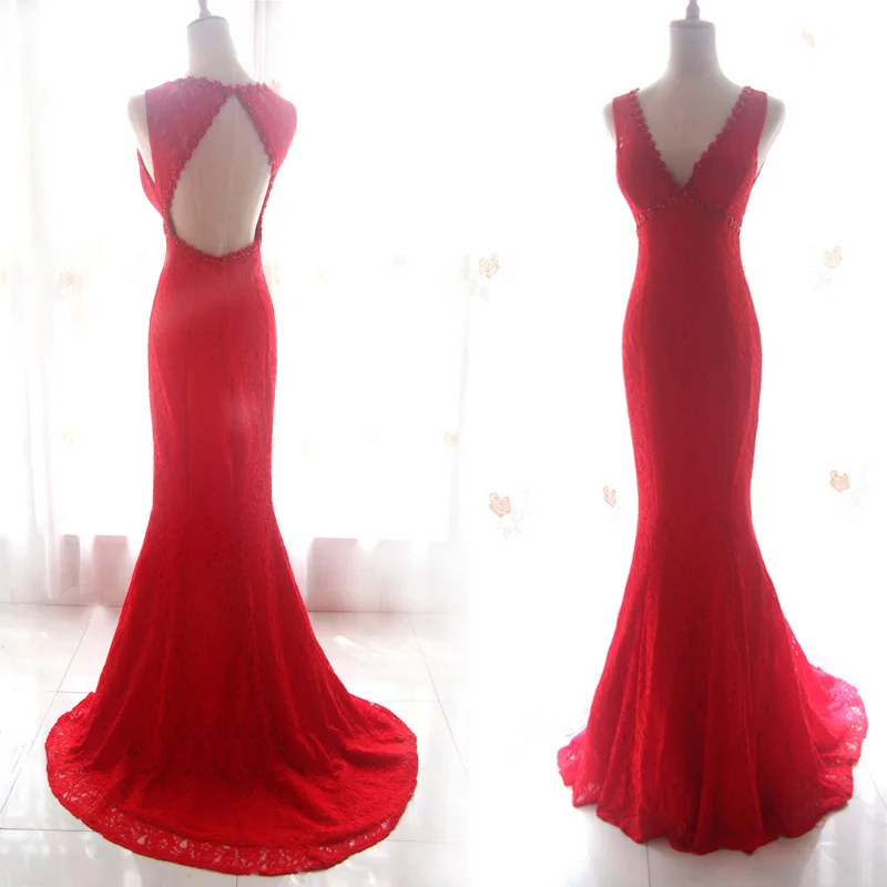 

custom v-neck mermaid 2022 new sexy backless free shipping vestido de festa red lace long women prom gown bridesmaid dresses