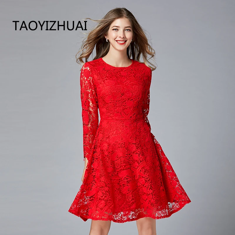 TAOYIZHUAI Brand Plus Size  Christmas Dresses Women Sexy Hollow Out Crochet Lace Floral Party Red High Waist Dress