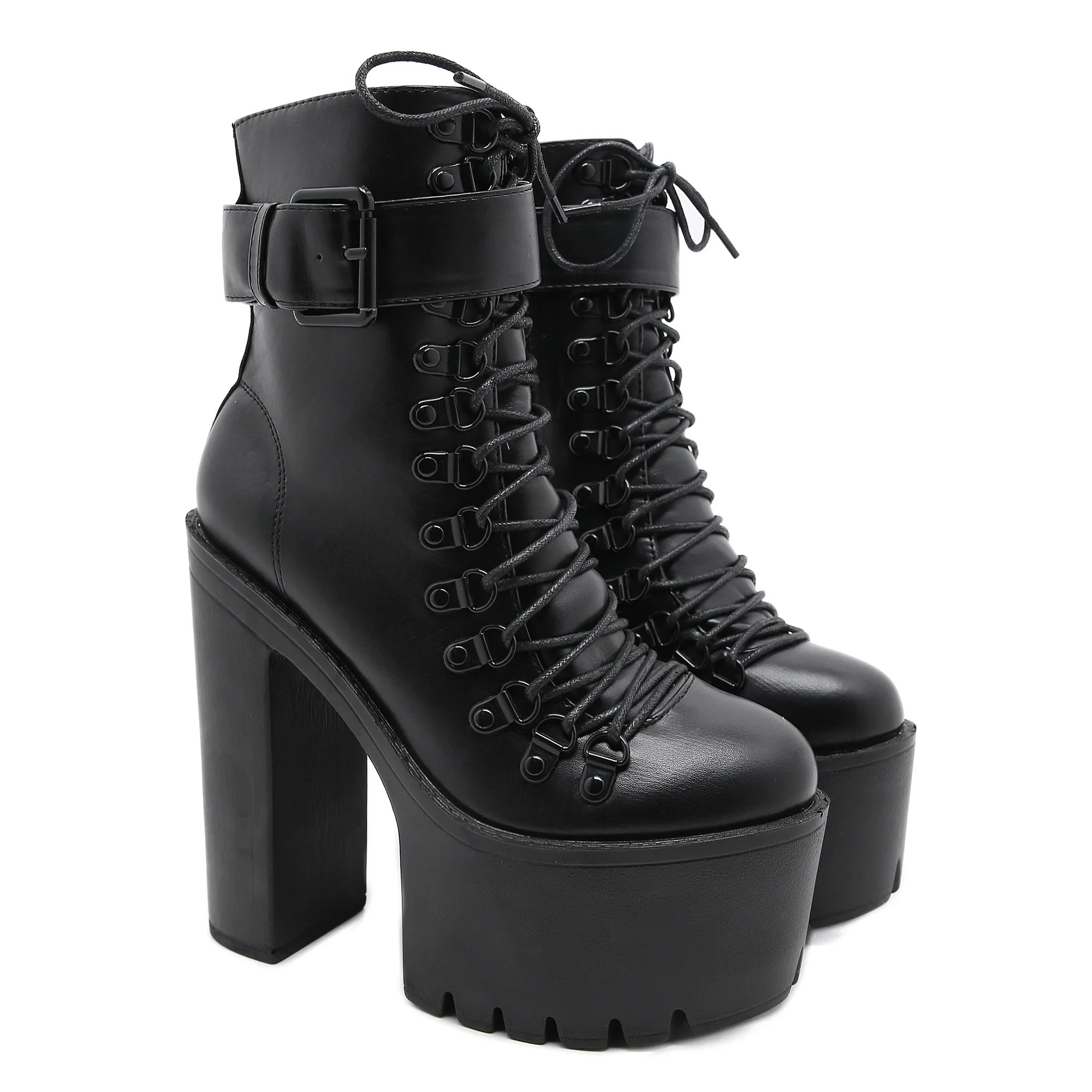 

Classic Black Punk Ankle Platform Motorcycle Thick heel Boots Women Lace up Chunky Heel Belt Buckle Pocket Designer Shoes Women