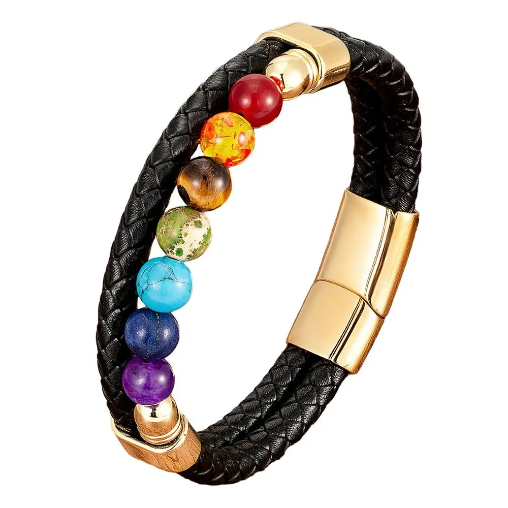 Bracciale da uomo in pietra di Chakra rotonda naturale bracciale classico in vera pelle nera braccialetti in acciaio inossidabile donna 2020 gioielli di moda