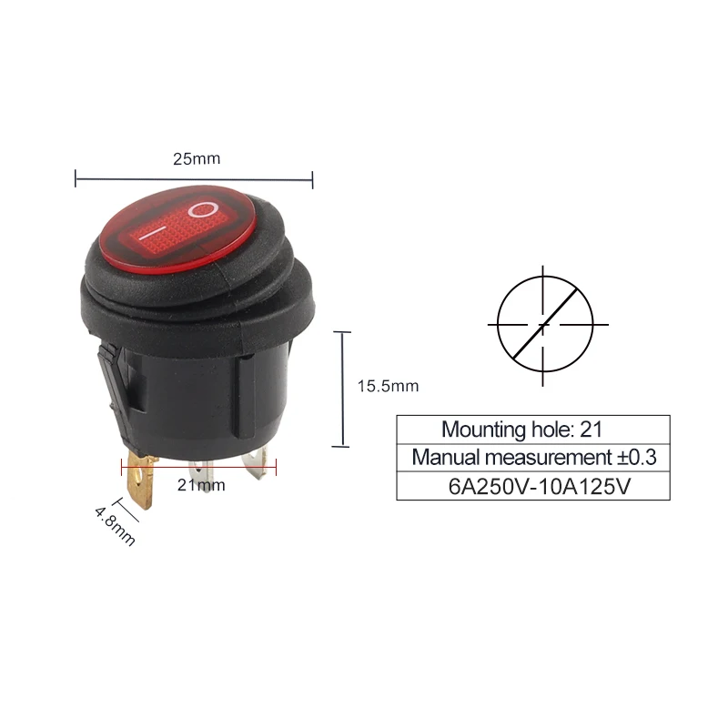 5PCS KCD1 25mm 6A/10A 250V Round Heavy Duty SPST Rocker Switch Waterproof Car Auto Boat Marine Power Button Switch with Light