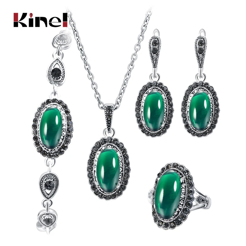 Kinel Hot 4Pcs/Lot Boho Jewelry Sets Red Stone Necklace And Earring Bracelet Ring For Women Fashion Jewelry Set Wholesale