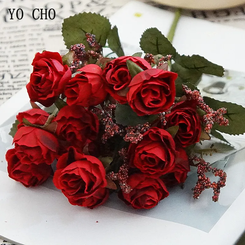 YO CHO Artificial Silk Roses Bouquet Fake Flowers Fabric Flores for Wedding Home DIY Decor Table Flannelette Rose 15Heads Autumn