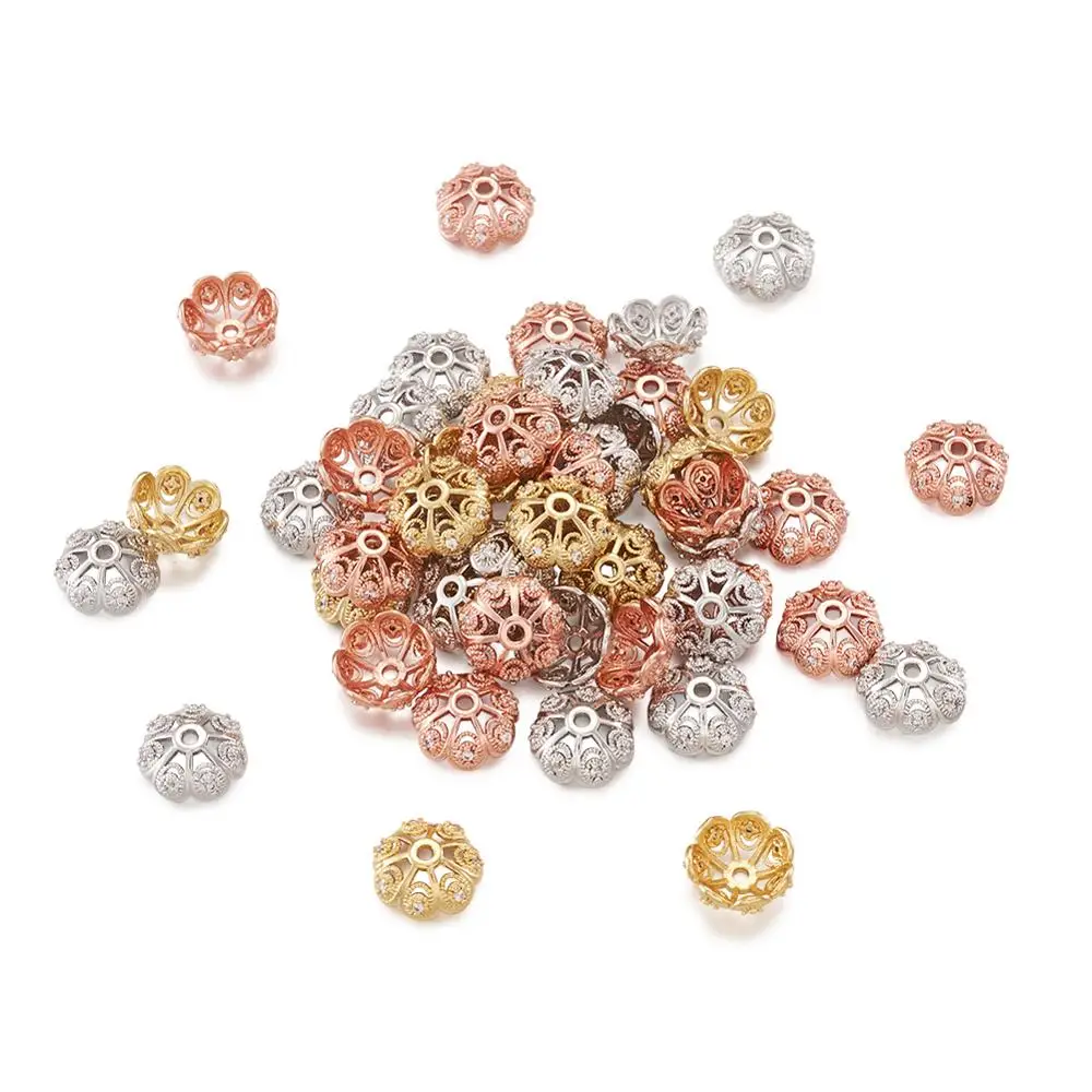 

50pcs Brass Micro Pave Cubic Zirconia Flower Bead Caps Mixed Color for Bracelet Necklace DIY Jewelry Making Findings 8mm 11mm