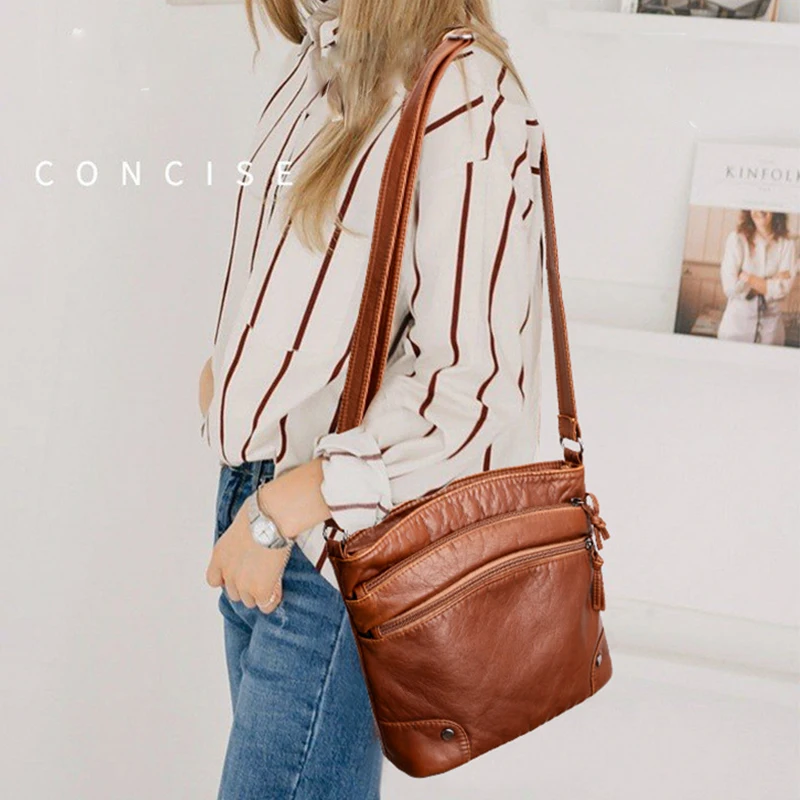 Yogodlns Weiche PU Leder Schulter Tasche Frauen Retro Umhängetasche Doppel-reißverschluss Weiblichen Umhängetasche Große Kapazität Täglichen Handtasche – Detail 9