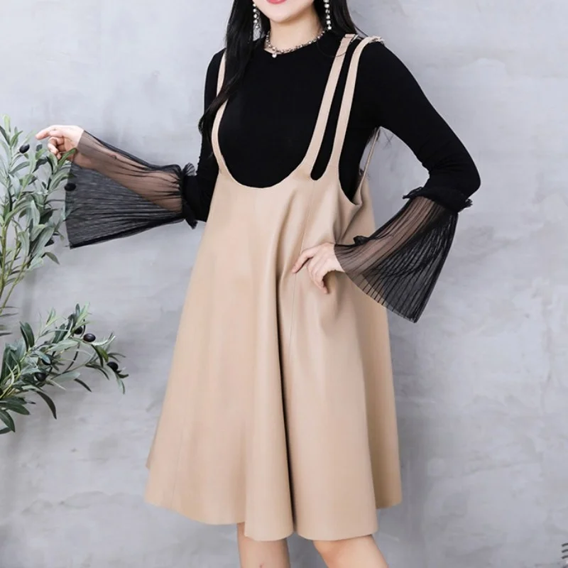 Genuine Ladies Leather Dress Sweet Knee Length Straps Dress Solid Color Loose Women Sheepskin High Waist Sleeveless A Line Dress