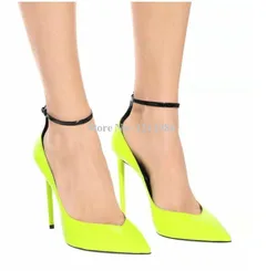 Women New Fluorescent Yellow Stiletto Heel Pumps Fashion Pointed Toe Ankle Buckle High Heels Banquet Shoes Lady Large Size