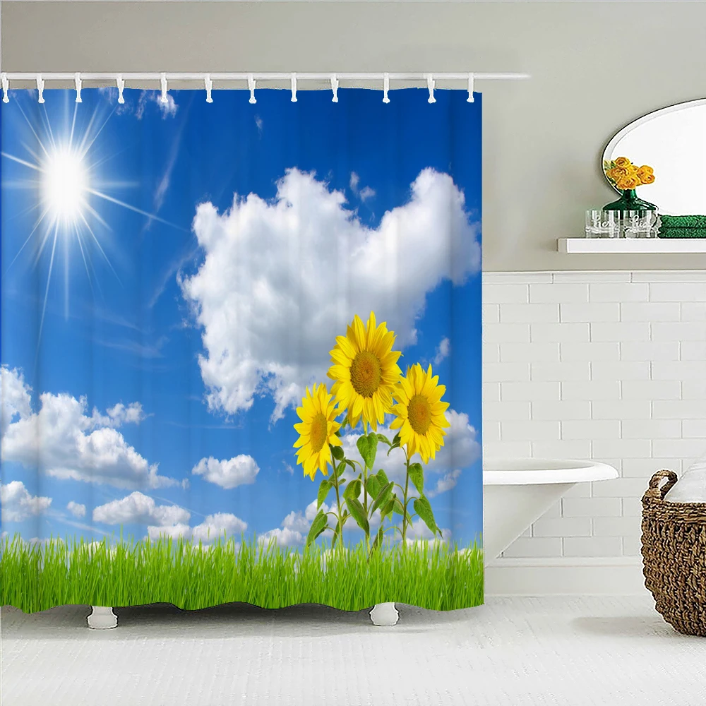 Sunny Blue sky clouds Scenery Waterproof Fabric Shower Curtain landscape Printed Shower Curtains for Bathroom Shower with Hooks