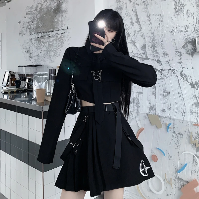 Zoki Women Two Piece Set Sexy Dark Wind gonna a pieghe manica lunga Solid Straight Shirt coreano Gothic Summer New