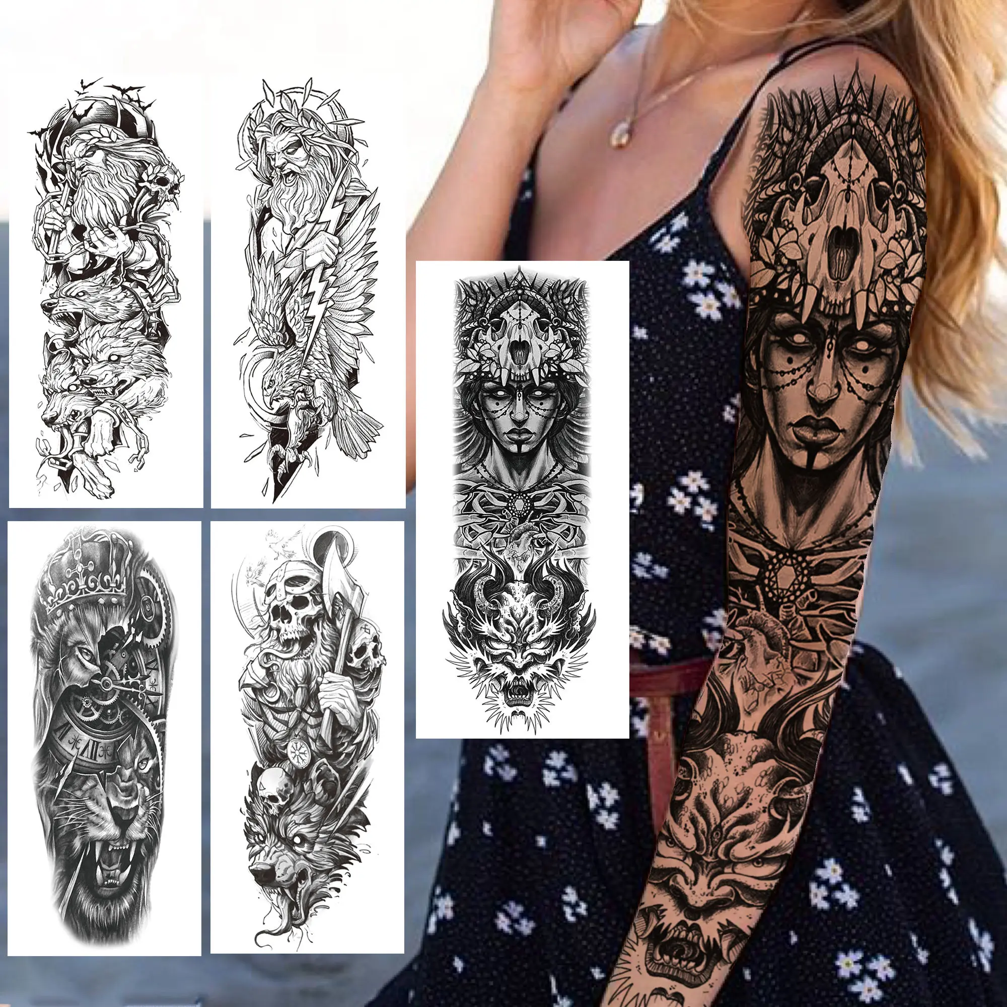 

Indian Lion Witch Temporary Tattoos Sleeves For Women Men God Skull Compass Fake Tattoo Sticker Large Full Arm Waterproof Tatoos