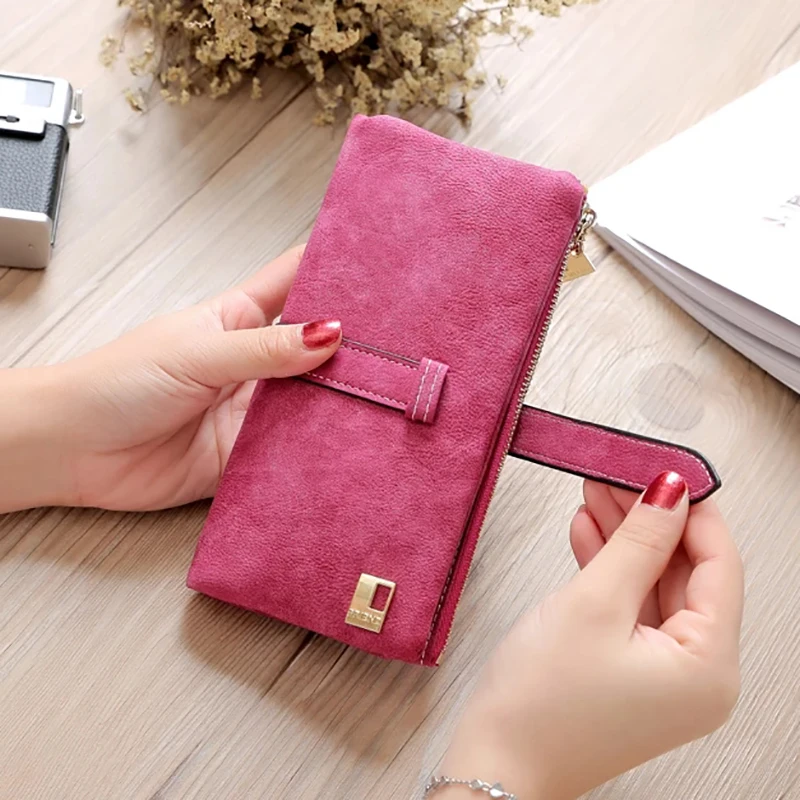 Vintage Women Long Standard Wallets Purse Fold Drawstring Nubuck Leather Zipper Suede Bag Female Simple Design Clutch Handbags