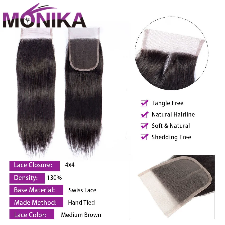 Monika 4x4 Closures Brazilian Straight Closure 100% Human Hair Closure Free/Middle/3 Part Top Lace Closure 22 inch Non-Remy Hair