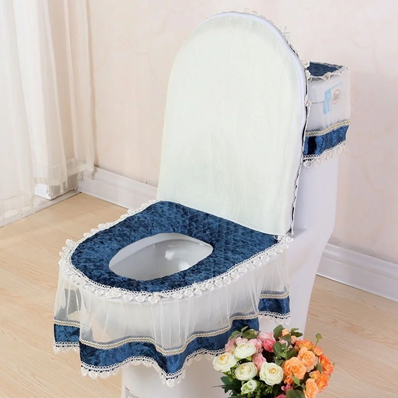 3Pcs Lace Toilet Seat Pad Tank Lid Top Cover Set Washable Closestool Cloth (Water Tank Cover+Toilet Cover Seat+Toilet Seat)