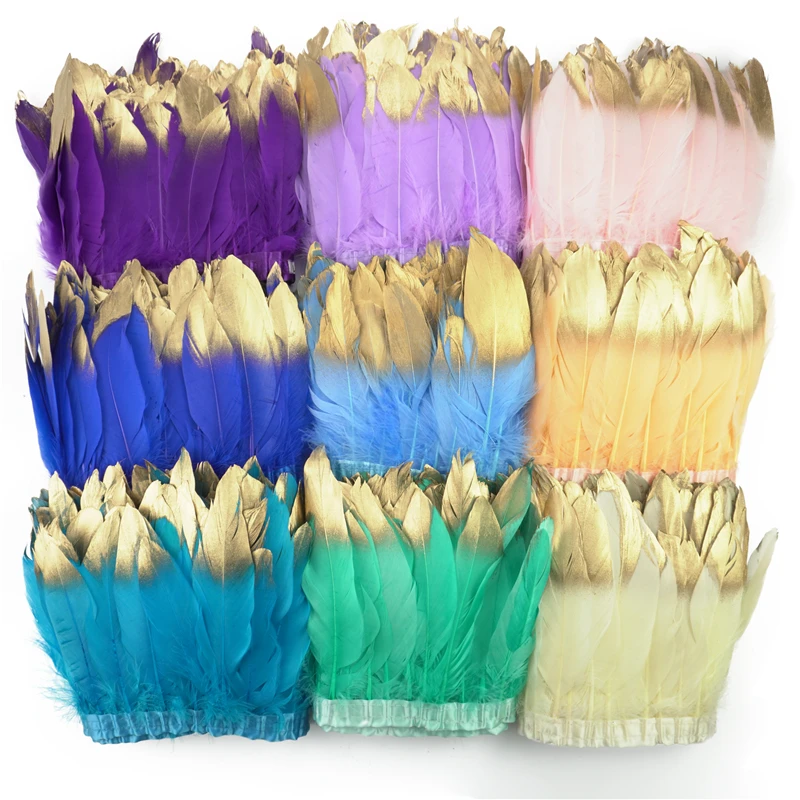 2Yards Golden Dipped Goose Feather Trims Natural Feathers Ribbon Fringe Handicraft Plumas Dress Accessories Decor for Clothes