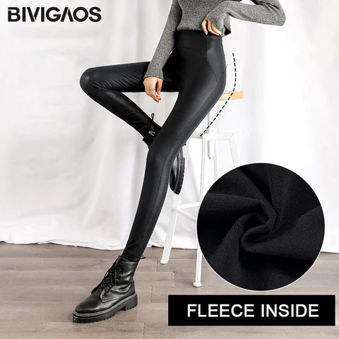 BIVIGAOS Женские черные флисовые кожаные леггинсы — фото товара