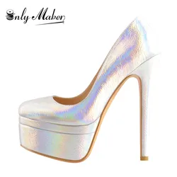 Onlymaker Women Colorful Round Toe 16CM High Heel Platform Stiletto Slip On Pumps For Party Dressing Gold and Silver Shoes