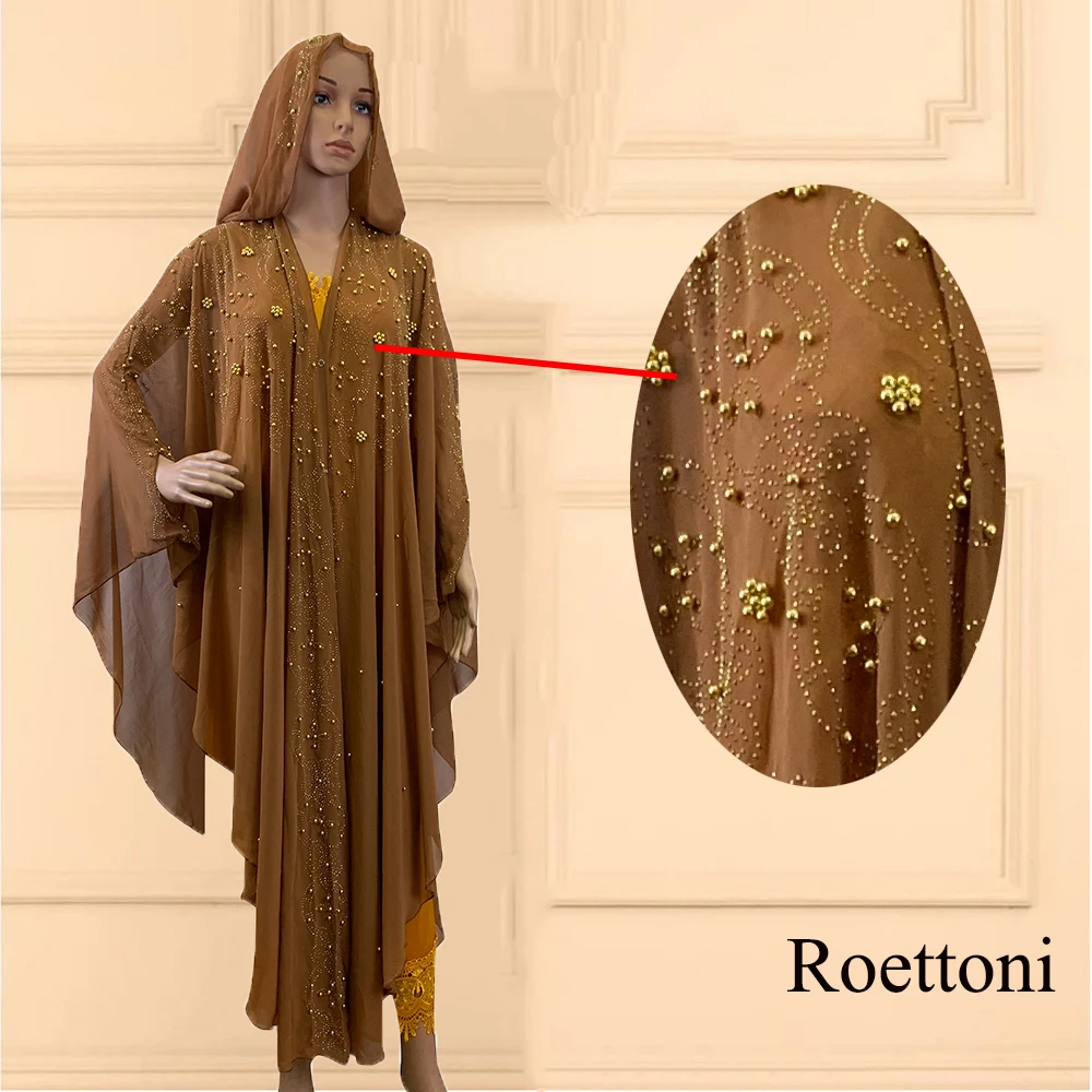 New Trends Turkey to African Hooded Abaya Kaftan Chiffon Beading Women\'s Party Dresses Muslim Boubou Fashion Outfit Open Robe