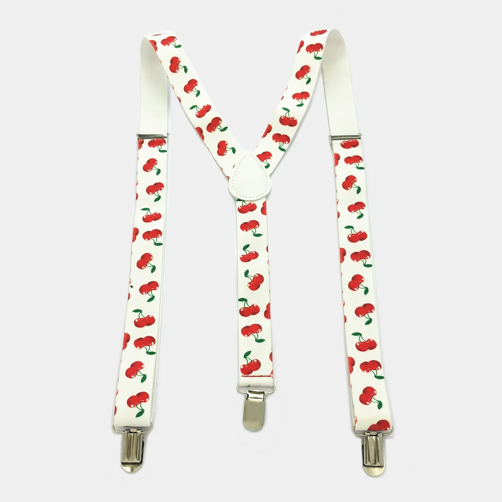 Fashion Red Cherry Print Kids Adult Adjustable Suspenders 2.5cm Wide Elastic Strap Y-Back Braces 5 Sizes for Whole Family Party