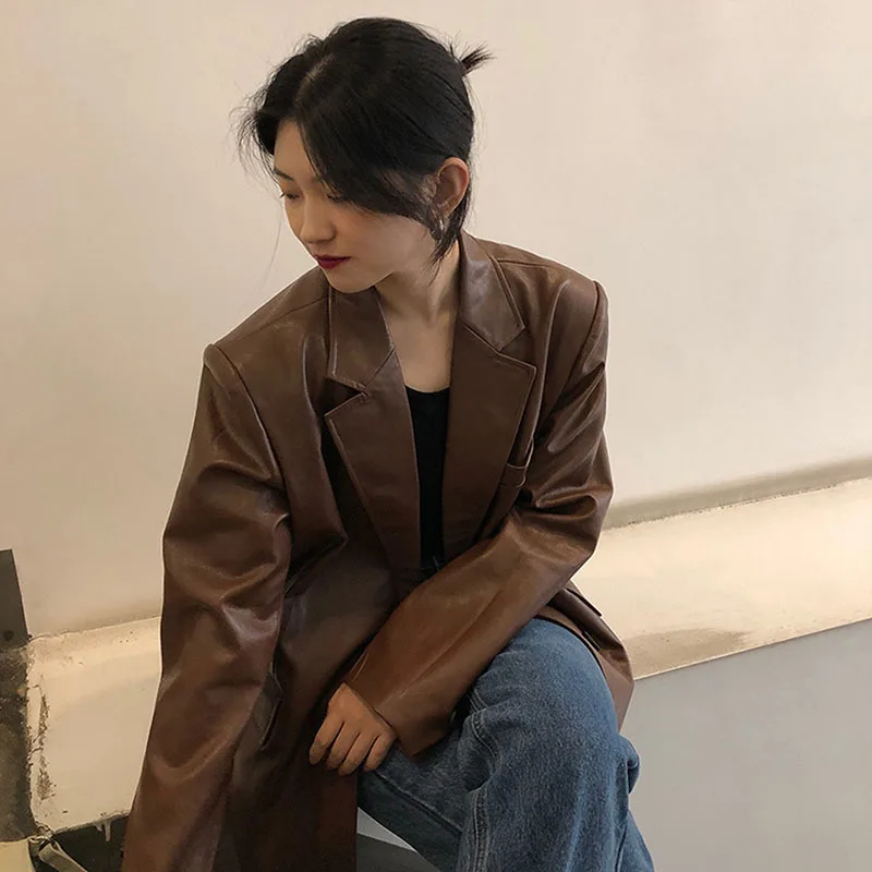 New Women Vintage Brown Faux PU Leather Blazers Autumn Loose Notched Collar Long Sleeve Women Suit Jacket Casual Vetement Femme