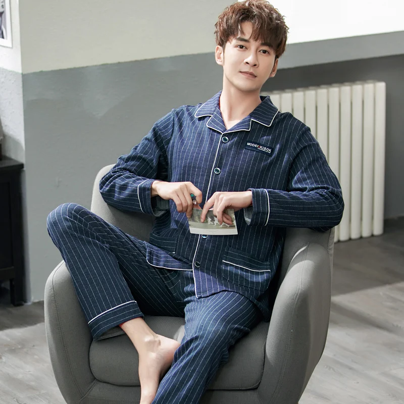 Spring Pajamas For Men Sleepwear Knitted Cotton Pijamas Long Sleeve Turn-down Collar Cardigan Striped Male Homewear