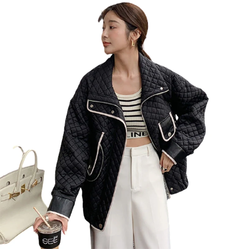 2024 winter new small fragrance wind ringed cotton-padded jacket down jacket women wear wind spell leather jacket light jacket