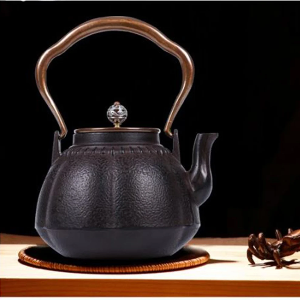 1100ML Japanese-Style Cast Iron Pot Household Boiling Kettle Melon Pattern Copper Lid Teapot Healthy Uncoated Cast Iron Kettle