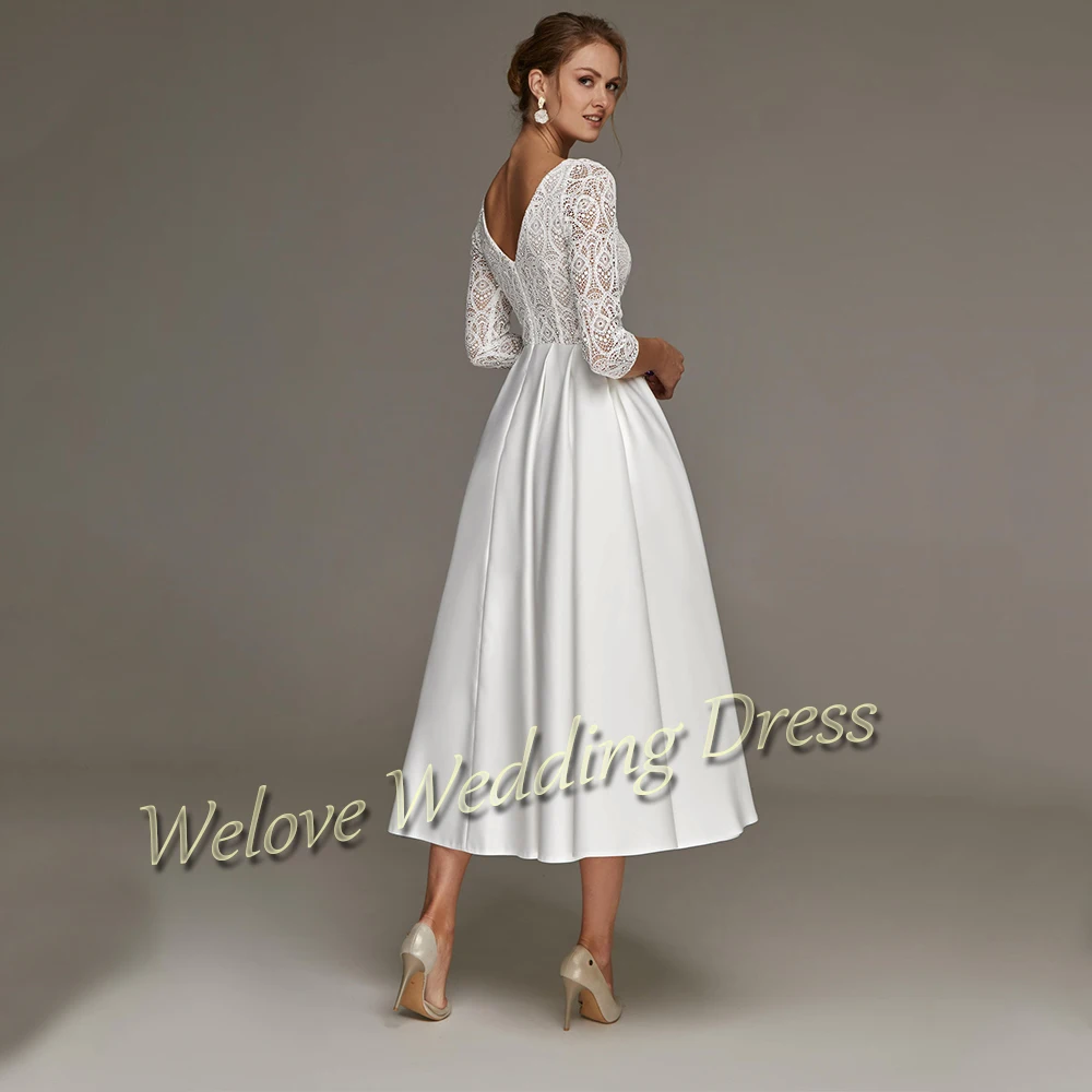 Tea Length Satin Wedding Dress A Line 3/4 Sleeve Lace Simple White Civil Short Bridal Gown 2024 Plus Size Bride Robe De Marirage