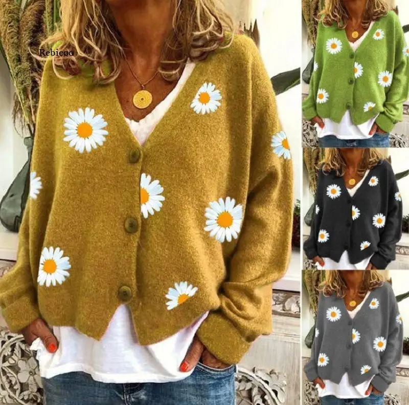 

2021 New Women's Knitted Sweater Single-Breasted Autumn Chrysanthemum Embroidered Jacket Sweater Women