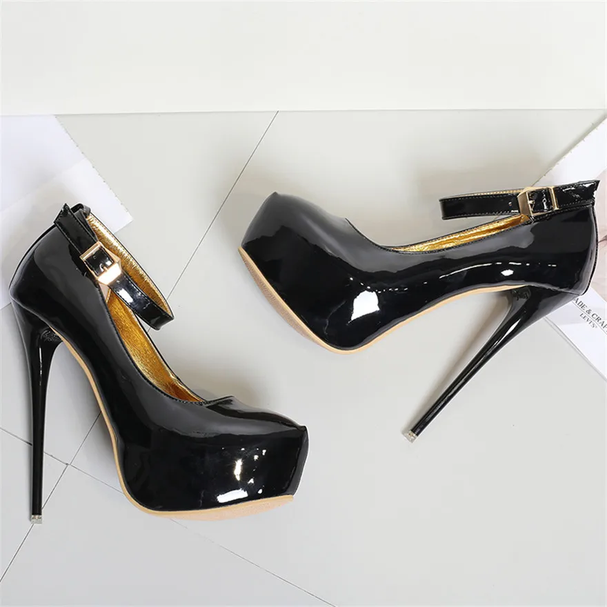 Super High Heels 16cm Buckle Women Shoes Autumn Round Toe Fashion Patent Leather Pumps Female Stiletto Platform Party Shoe Bride