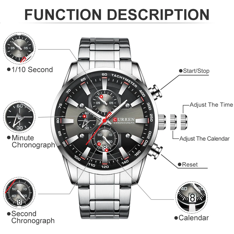 CURREN Watches Men Top Luxury Brand Big Military Sport Watch Mens Stainless Steel Waterproof Chronograph Wristwatch Male Clock