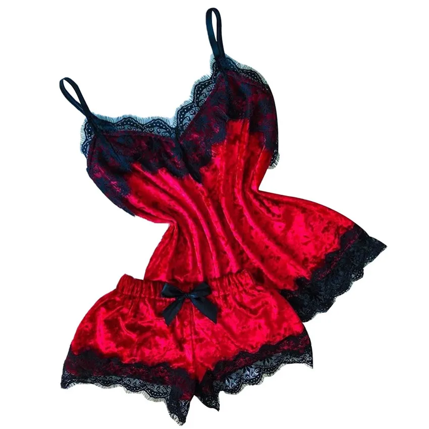 Conjunto de lencería Sexy de terciopelo para Mujer, ropa de dormir Sexy, picardías de tentación, camisola bonita y pantalones cortos