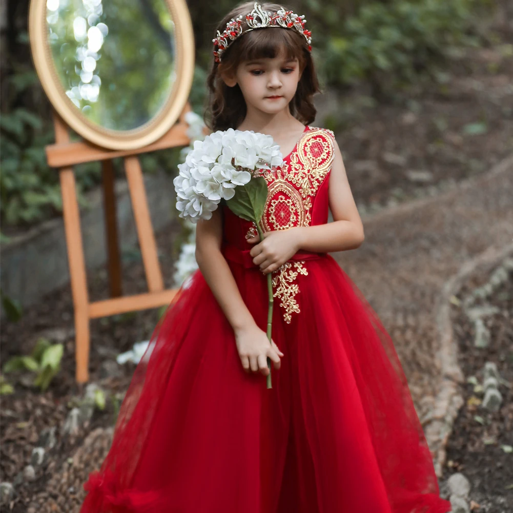 Korean Elegant Party Red Princess Kids Wedding Guests Dresses For Girls From 4 to 12 Years Of Gala