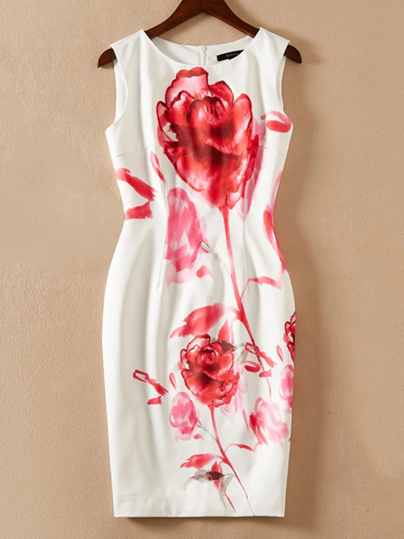 

Fashion Flower Print Women Sheath Dress Sleeveless O-Neck Dresses