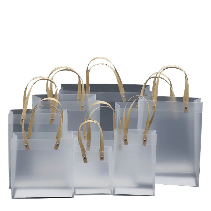 10/30pcs Custom PVC Transparent Gift Bag with Handles Clear Tote PP Frosted Plastic Shopping Tote Bag Clothing Drinks Packaging