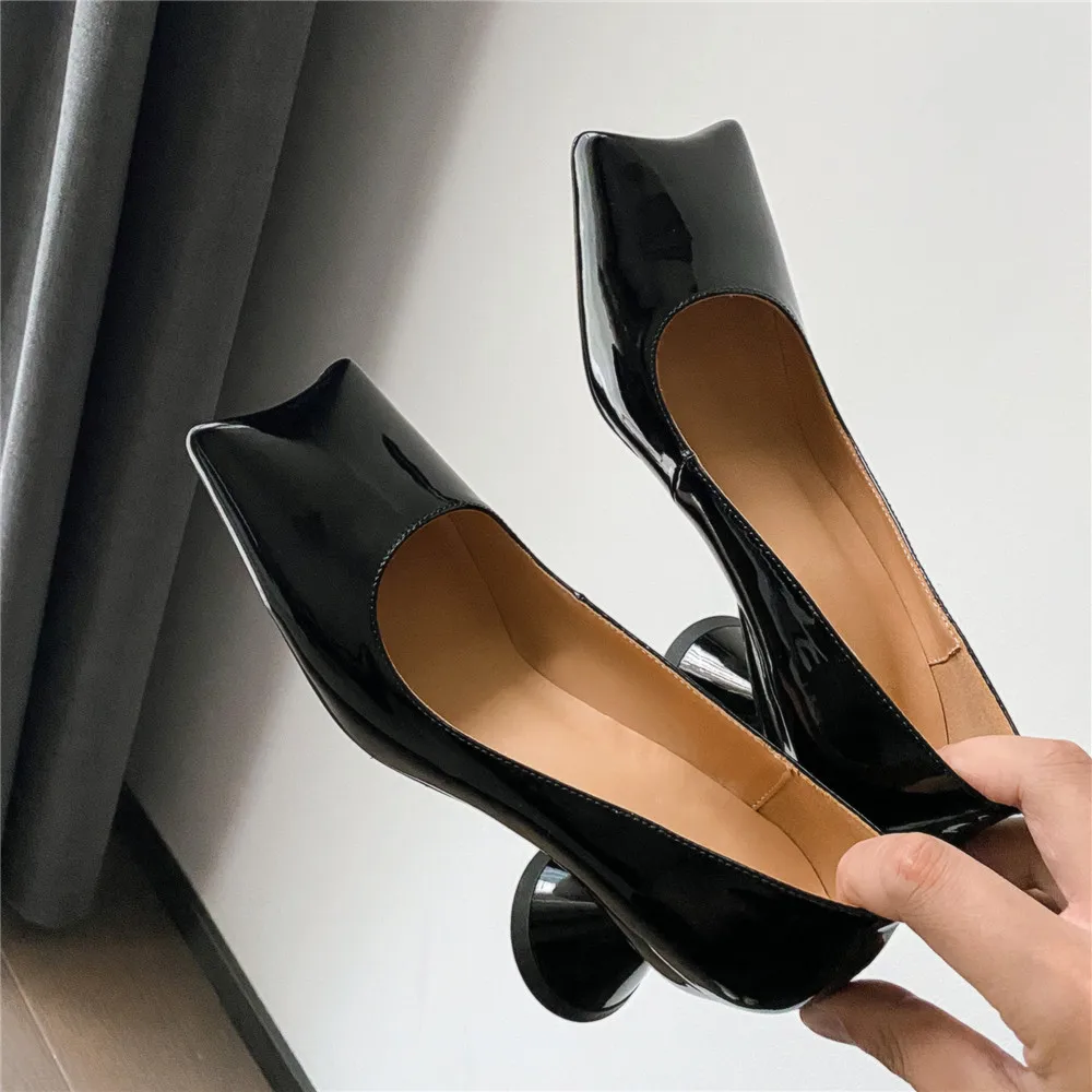 MILI-MIYA Special Design Pumps High Quality Patent Leather Black Shallow Comfortable Block Strange Shaped Heel Handmade Shoes