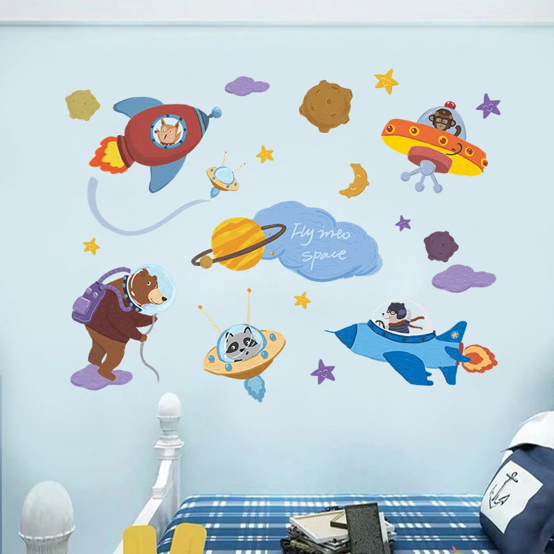 

Space Planet Wall Stickers for Kids Room Decoration Rocket Wall Decals Decorative Stickers Bedroom Mural Self-adhesive Wallpaper