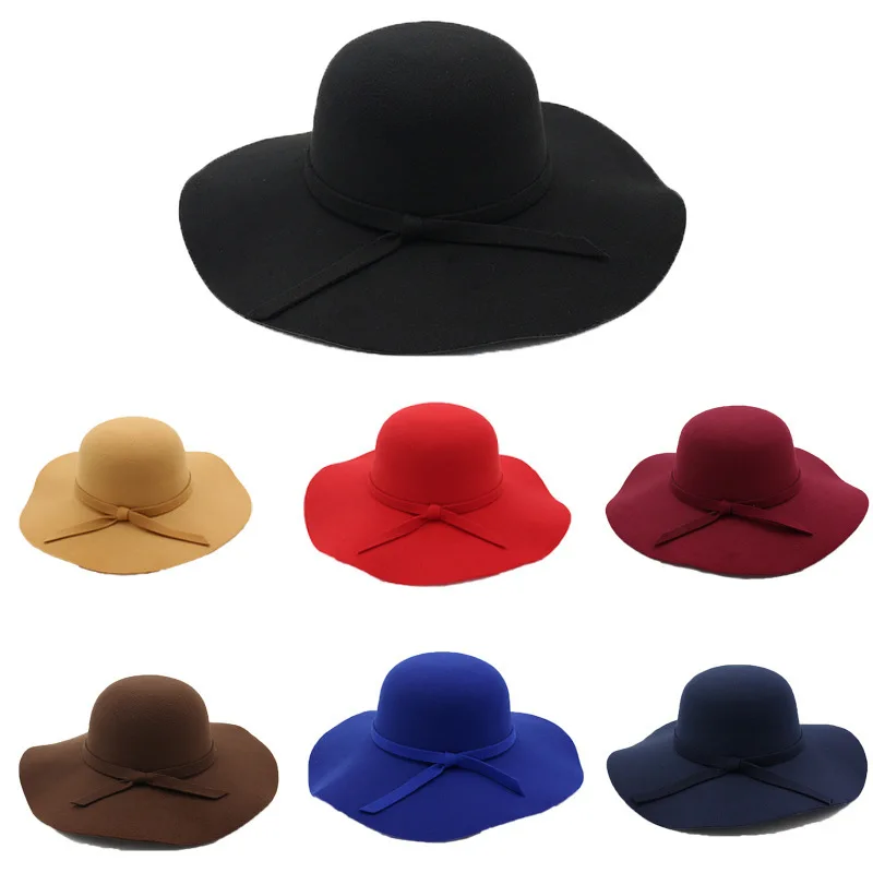 Autumn Winter Women Felt Hats Fedoras Big BrimTop Hat British Style Lady Flat Brim White Cap