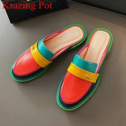 Krazing Pot Big Size Cow Leather Round Toe Low Heel Fashion Rainbow Mules Slip on Slingback Summer Brand Women Outside Slippers