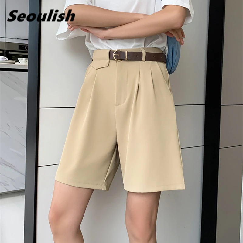 

Seoulish 2021 New Summer Women's Half Suit Pants with Belted High Waist Wide Leg Pants Elegant Loose Trousers Pocket