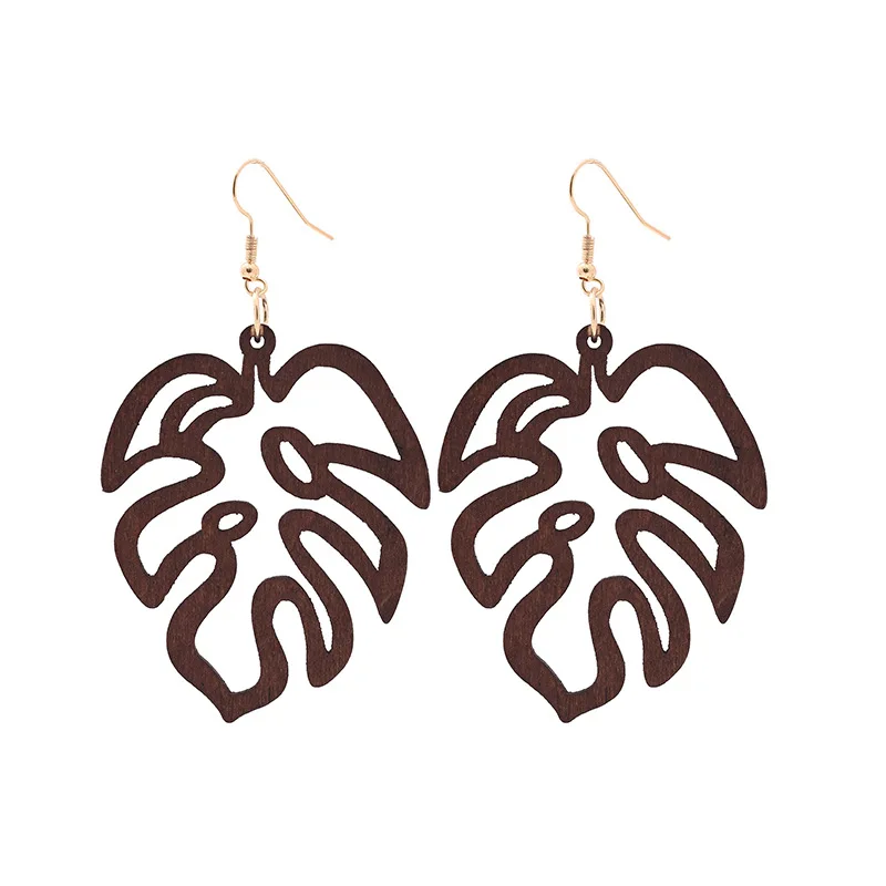 Cutout Monstera Leaf Wood Earrings for Women Fashion Wooden Earrings Vintage Earrings Jewelry Wholesale