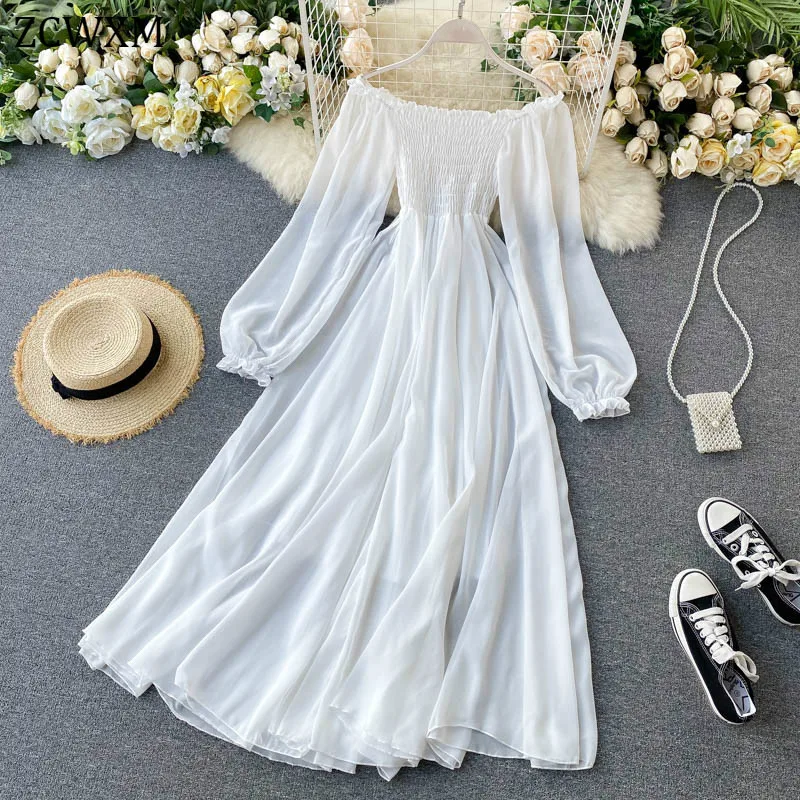 

Autumn Women Elegant White Chiffon Dresses Holiday Dresses Puff Sleeve Slash Neck Off Shoulder Smocked A-line Ladies Dress New