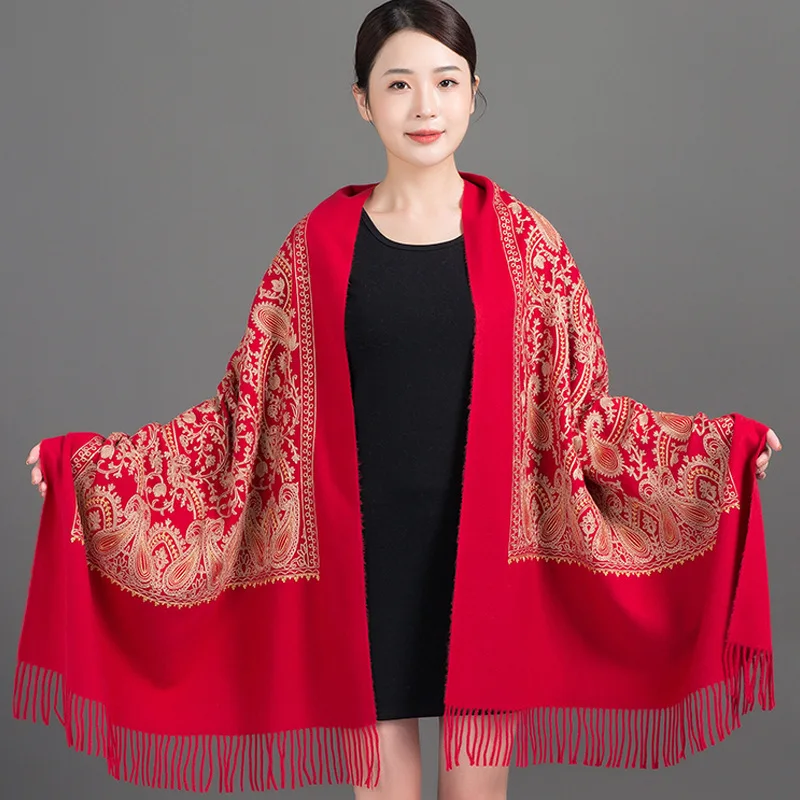 Autumn Winter New Women Embroider Flower With Tassel Shawl Scarf Cashmere Pashmina Scarves Travel Soft Warm Thick Blanket Wraps