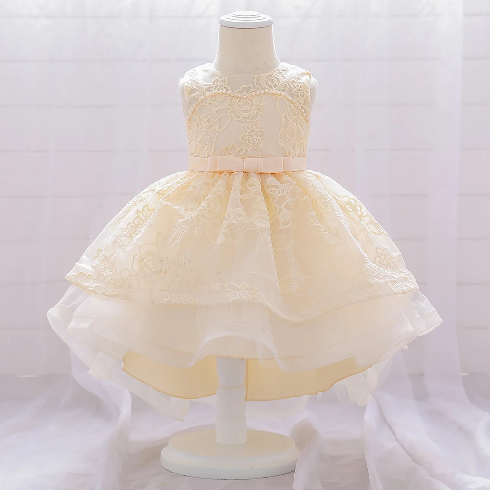 Toddler Infant Bow Baby Girls Dresses White Baptism Gown Tulle Trailing 1st Birthday Party Princess Dress Wedding Baby Clothing