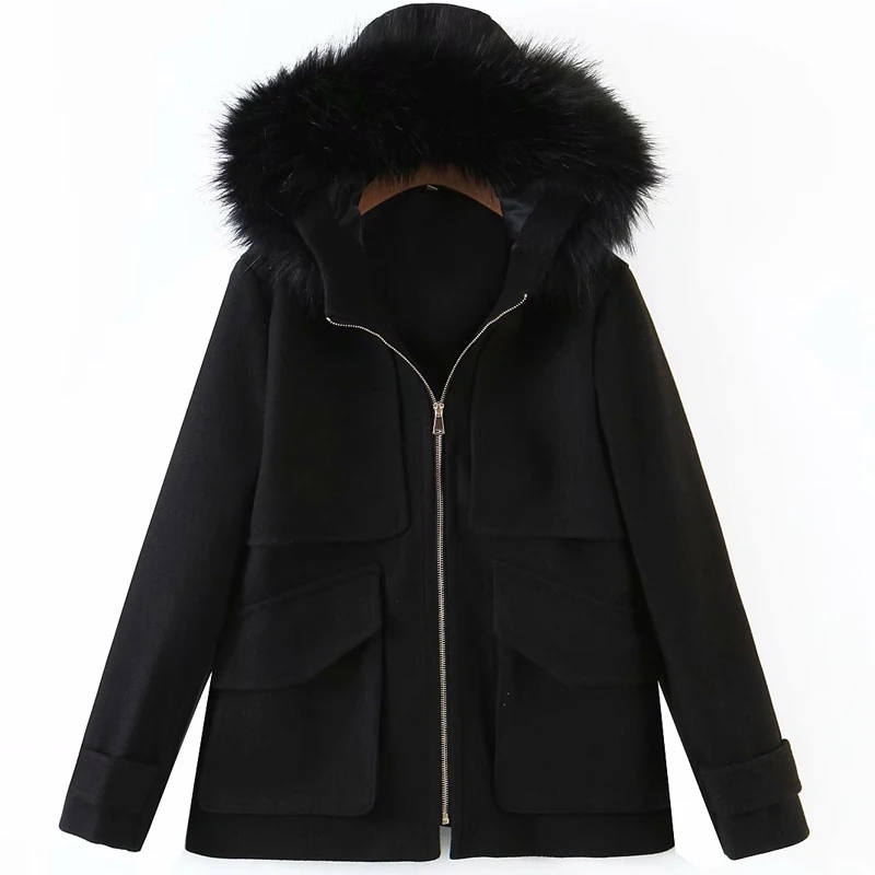 Moda donna cappuccio nero con collo di pelliccia giacca di lana cappotto manica lunga capispalla femminile inverno nuova moda cappotto All-match